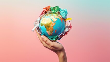 A creative depiction of a hand holding a small globe made of various recyclable materials, such as paper, glass