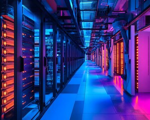 Poster - A vibrant, high-tech server room illuminated by colorful LED lights, showcasing rows of powerful servers and advanced networking equipment, representing modern data storage solutio
