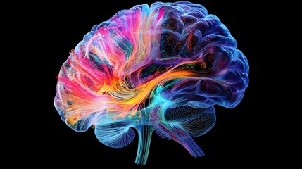 Poster - An abstract representation of a human brain, illustrating vibrant neural pathways in a mesmerizing display of colorful patterns and lights against a dark background.
