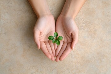 Aufkleber - Gentle hands cradle a small green seedling, emphasizing care and nurturing in a serene indoor setting with soft light. Generative AI