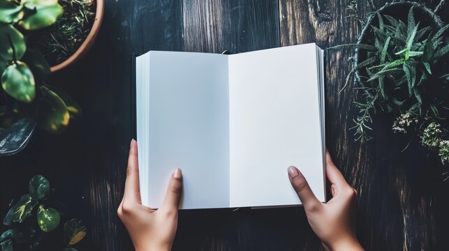 Person is holding a book open to a blank page