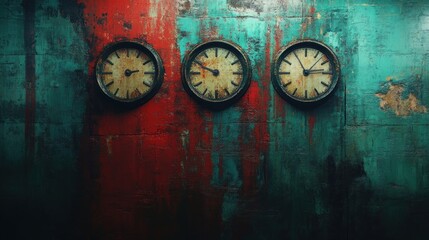 Wall Mural - Three antique clocks on a textured wall.