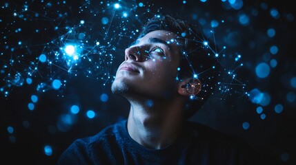 Poster - Visionary Man Explores Digital Landscape of Interconnected Nodes, Symbolizing Innovation
