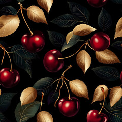 Wall Mural - seamless cherry pattern with golden accents, deep burgundy and rich red cherries