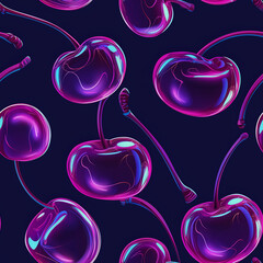 Wall Mural - seamless pattern of cherries with glowing neon effect