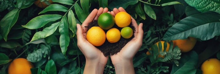 Poster - Hands cradle a selection of fresh fruits nestled in fertile soil, surrounded by lush green leaves in a vibrant garden environment. Generative AI