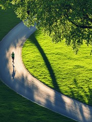 Aufkleber - A lone runner moves gracefully on a curving path in a vibrant green park, surrounded by the serenity of nature in the afternoon sunlight. Generative AI
