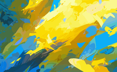 Wall Mural - Painting with a yellow background and blue and green splatters