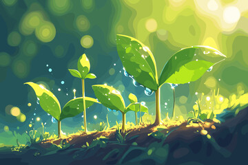 Drawing of a bunch of green plants with water droplets on them. The plants are in a field and are growing. flat vector illustration