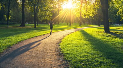 Aufkleber - A runner follows a winding path through a green park, bathed in sunlight as evening approaches, creating a tranquil atmosphere. Generative AI