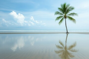 Wall Mural - Serene Tropical Beach with Palm Tree, Crystal Clear Water, and Blue Sky, Perfect For Travel, Vacation, and Relaxation Themes in Photography Collection