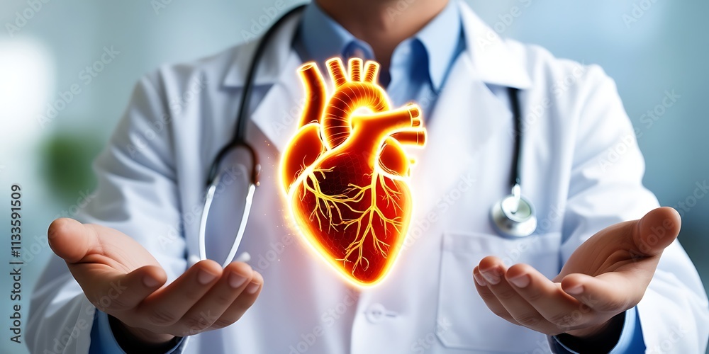 Medical doctor holding glowing virtual human heart in hands in cardio ...
