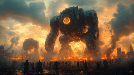 Canvas Print - Giant steampunk mech attacks burning city.