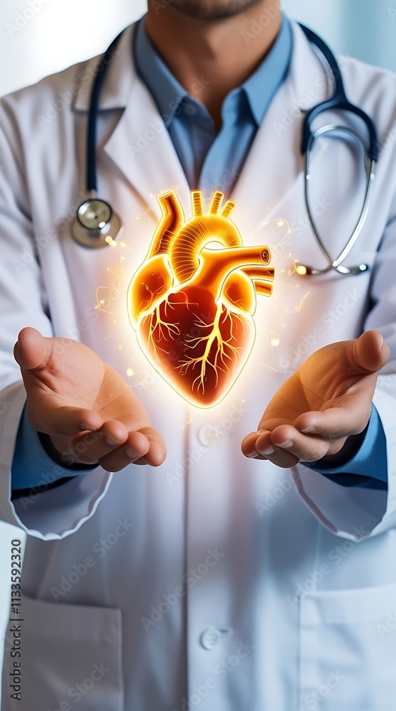 Medical doctor holding glowing virtual human heart in hands in cardio ...