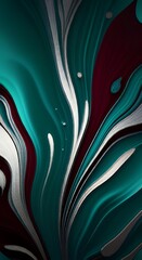 Poster - Elegant abstract art.  Fluid teal maroon silver paint swirls in liquid marble waves.