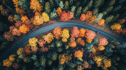 Poster - The vibrant colors of autumn foliage blanket the landscape as a winding asphalt road cuts through the forest. Cars traverse this scenic route, surrounded by rich oranges, yellows, and greens