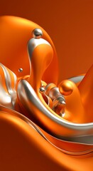 Poster - Glossy orange liquid metal spheres flow abstract curves.  Silver waves ripple gracefully.