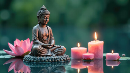 Wall Mural - A Buddha statue sits in meditation near floating pink lotus flower and candles with a soft, bokeh background.  Concept of enlightenment. Vesak day.