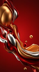 Poster - Red gold silver abstract metallic fluid wave swirl 3D rendering.