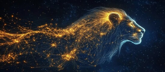 Wall Mural - starry connections enhance the lion's ethereal beauty in blue and gold tones.