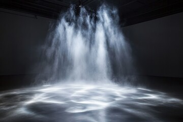 Wall Mural - A soft light beam illuminates a dark room filled with mist.