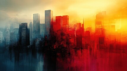 Wall Mural - Abstract cityscape, contrasting cool and warm tones.