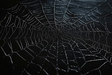 Poster - spider web with water droplets intricate design dark background. detailed close up. nature abstract 