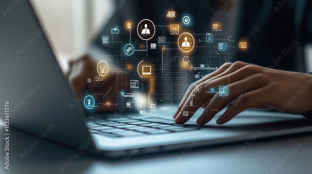 Staff Using Technology Person uses laptop for digital recruitment. HR tech tools show on ...