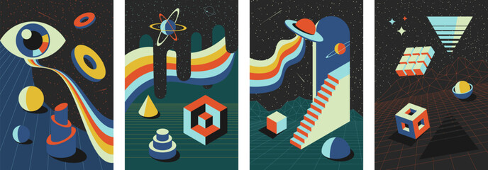 Wall Mural - set of vibrant abstract psychedelic space themed compositions. vintage geometric shapes with planets