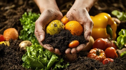 Aufkleber - Hands embrace rich soil, showcasing vibrant vegetables and fruits in a garden setting during a sunny afternoon in spring. Generative AI