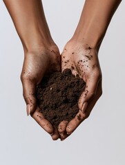 Aufkleber - Hands gently cradle a handful of dark, fertile soil, reflecting the connection between earth and nurturing growth in plants and fruits. Generative AI