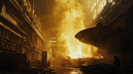 Poster - Molten metal is poured into casting molds, igniting flames and sparks in an industrial hall bustling with activity and heat. Generative AI