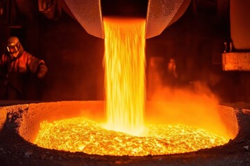 Aufkleber - Molten metal streams into casting molds, creating a vibrant display of flames and sparks in an industrial hall during a dynamic manufacturing process. Generative AI