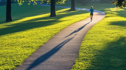 Aufkleber - A determined runner navigates a scenic path in a lush park, surrounded by green grass and tall trees, embracing the tranquility of dawn. Generative AI