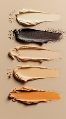 Poster - Four distinct types of face cream are artfully arranged in a flat lay on a soothing neutral surface. Their rich textures and colors invite exploration into skincare options tailored for various needs