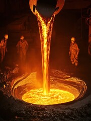 Aufkleber - Molten metal flows into casting molds, illuminating the industrial hall with flames and sparks, highlighting the intense manufacturing process. Generative AI