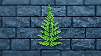 Wall Mural - Fern Frond Against Dark Stone Brick Wall Background