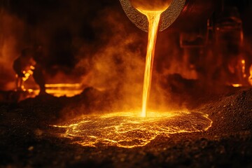 Aufkleber - Molten metal flows into casting molds, creating a vibrant spectacle of flames and sparks in an industrial setting filled with energy. Generative AI