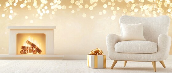 Cozy living room scene with armchair, fireplace, decorative gift box, soft lighting and warm festive atmosphere