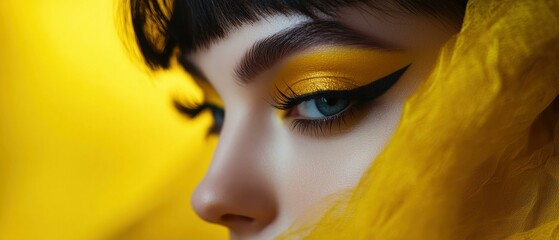 Poster - Bold yellow eye makeup and a sheer yellow fabric. AI.