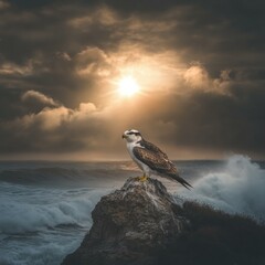 Canvas Print - A bird of prey perched on a rock overlooking a stormy sea at sunset. AI.