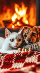 Canvas Print - Cozy winter scene with a cat and dog by a fireplace. AI.