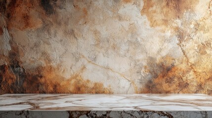 Poster - An empty marble table invites creativity with its smooth surface and warm mocha hues, set against an artistic backdrop of textured tones. Ideal for staging unique arrangements, Mocha Mousse