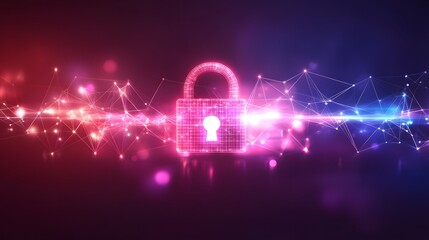 Poster - Abstract digital padlock glowing in vibrant neon colors, symbolizing cybersecurity and data protection.