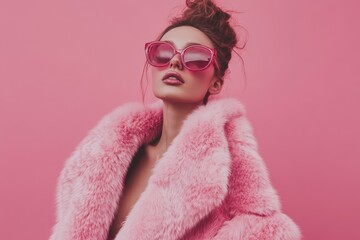 fashion model showcases chic fur coat against a vibrant pink background in an urban setting