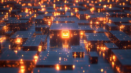 Aufkleber - Abstract glowing cube network with data transfer icon.