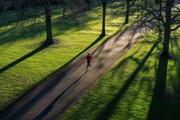 Aufkleber - A solitary runner moves along a winding path in a lush green park, surrounded by tall trees and soft morning light filtering through. Generative AI