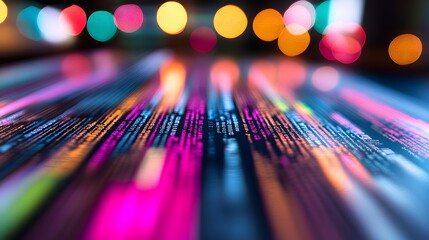 Aufkleber - Abstract lines of colorful code with blurred city lights in background.