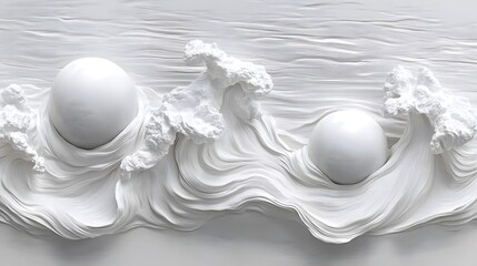 Poster - Abstract white spheres nestled within flowing waves, creating a serene, minimalist composition.