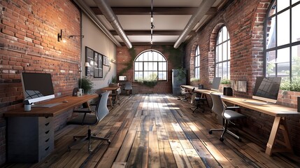 Wall Mural - Modern office interior with brick walls and wooden floor